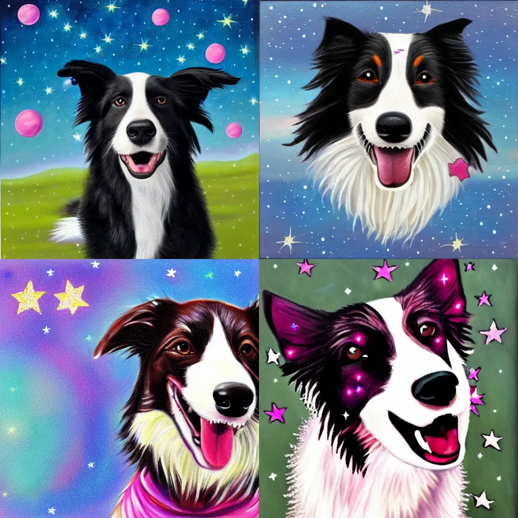 Prompt: a smiling border collie dog in outer space, a smiling border collie dog with a small pink star on its collar, realistic painting