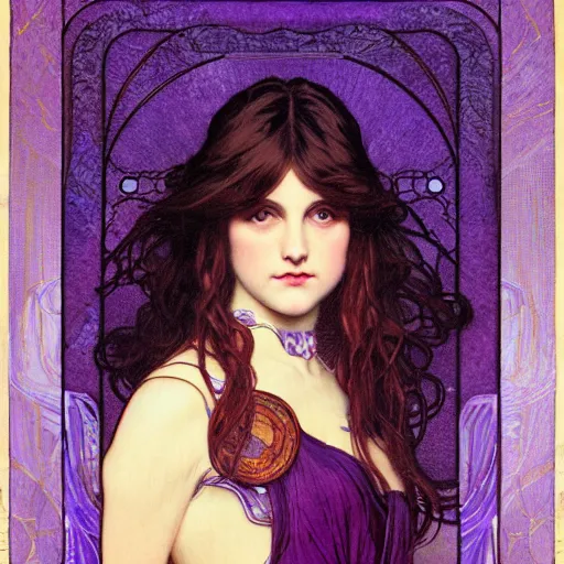 Prompt: purple, character portrait of purple energy, by waterhouse, by mucha, lean face, symmetrical face, face symmetry, cinematic lighting, beautiful, elegant, oil painting, cinematic, portrait, raphaelite, trending on artstation, intricate background