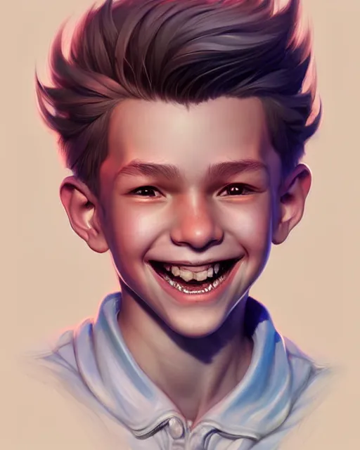 Prompt: digital art, fantasy portrait of a boy with a large smile, by James Jean and by artgerm, by ross tran , ultradetailed, charachter design, concept art, trending on artstation,