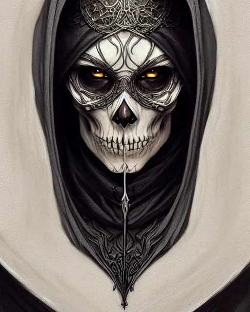 Prompt: Portrait of skeleton mage in hood, dark fantasy, intricate, elegant, highly detailed, digital painting, artstation, concept art, smooth, sharp focus, illustration, art by artgerm and greg rutkowski and alphonse mucha