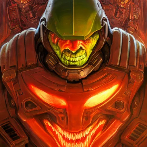 Image similar to Doomguy Doom Eternal, detailed, centered, digital painting, artstation, concept art, donato giancola, Joseph Christian Leyendecker, WLOP, Boris Vallejo, Breathtaking, 8k resolution, extremely detailed, beautiful, establishing shot, artistic, hyperrealistic, beautiful face, octane render, cinematic lighting, dramatic lighting, masterpiece