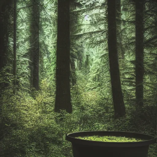 Image similar to a realistic dense forest on a pot, photography, focus