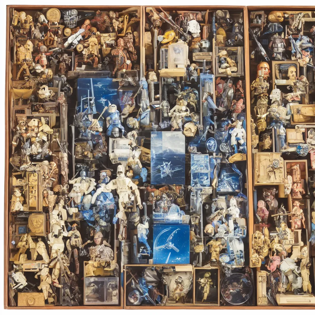 Image similar to a well - lit, detailed museum archive rich color photograph of a star wars memory box by joseph cornell, containing one action figure, some photographs, a star chart, a hologram, some small drawers, a ticket stub, and a large lightsaber