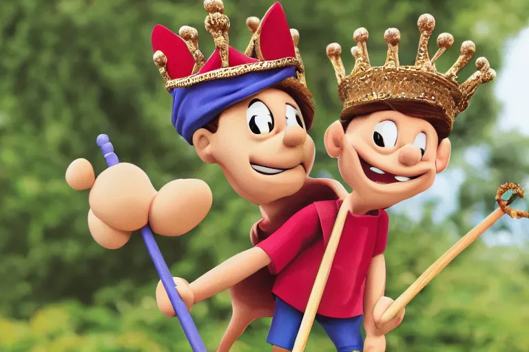 Image similar to legume bean holding a staff, wearing crown, cartoon character,