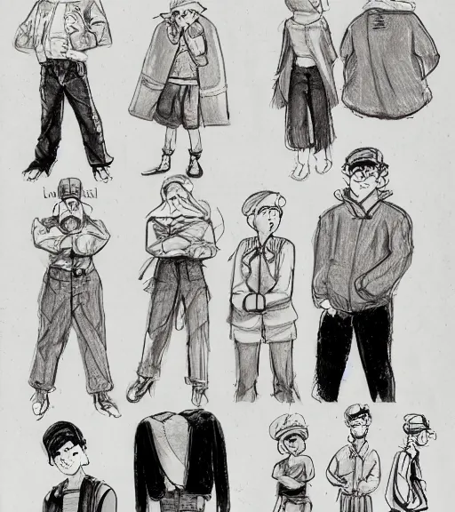 Image similar to full page scan of many character design sketches. young man, young mother, man with beard. Everyone has pale grey eyes. sailor caps, German, tapa, simple clothing. in the style of Jillian Tamaki and Richard Corben. costume designs, pleasant faces, nature colors