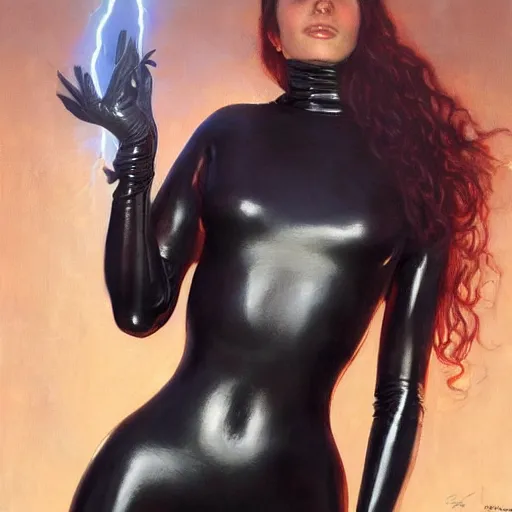Image similar to a painting of a female wearing a latex suit. by edward robert hughes and craig davison. trending on artstation, highly detailed, volumetric lightning, cinematic lightning