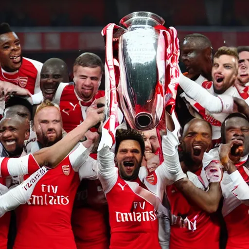 Prompt: Arsenal lifting the UCL trophy