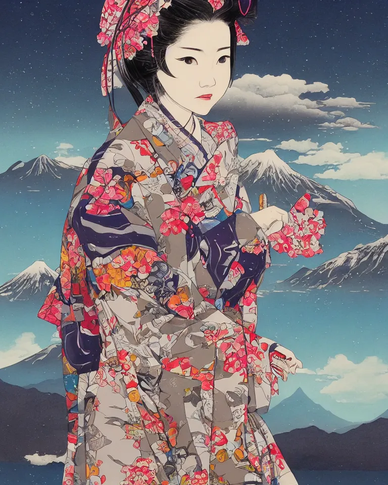 Prompt: art by katsuhiro otomo, artwork by artgerm, japanese landscape, a robot geisha facing the mountains by yuumei, portrait, kimono, water, reflection, clouds, nature, snowy peak, lake kawaguchi, sunset, neon blossoms, 4 k, fantasy art, amazing awesome and epic, ultrafine detail, ultra hd wallpaper