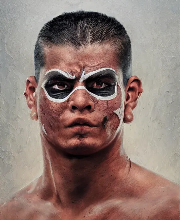 Image similar to heroic portrait of a young mexican wrestler. art by denys tsiperko and bogdan rezunenko, hyperrealism