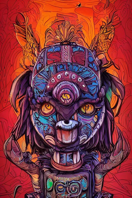 Image similar to totem animal tribal chaman vodoo mask feather gemstone plant wood rock video game illustration vivid color borderlands by josan gonzales and dan mumford radiating a glowing aura