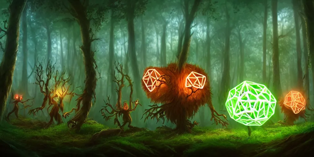 Image similar to anthropomorphic tree - creatures rolling cube dice in the forest, glowing energy, fantasy magic, by willian murai and jason chan and marco bucci, hyper detailed and realistic, illustration, sharp focus, cinematic, rule of thirds, forestpunk