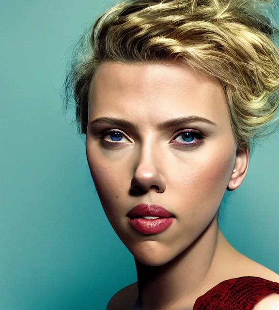 Image similar to beautiful portrait photo of Scarlett Johansson:: symmetric face, symmetric eyes, slight smile, photo by Annie Leibovitz, 85mm, teal studio backdrop, Getty images