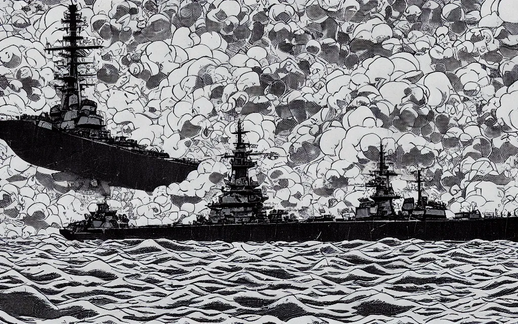 Prompt: japanese battleship yamato in front of huge mushroom cloud, in the style of james jean and laurie greasley, dynamic composition, dramatic lighting, ultra detailed