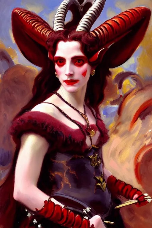 Image similar to painted close - up portrait of a attractive red - skinned intimidating demon girl with ram horns! oil painting, wearing a noblewoman's outfit, fantasy art by john singer sargent and gaston bussiere, and guillermo del toro, demon noble character design, hd