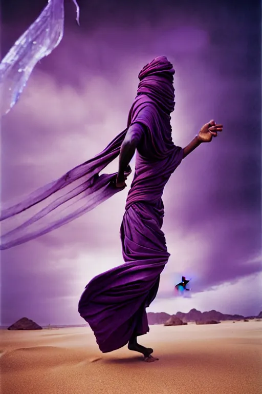 Image similar to full lenght flowing twisted clothes like tornado a old tuareg woman, many fabric, stones near foot, wind, stands on sand, full body shot, dark background, pastel purple colour scheme, jellyfish phoenix, highly detailed. by caravaggio, greg rutkowski