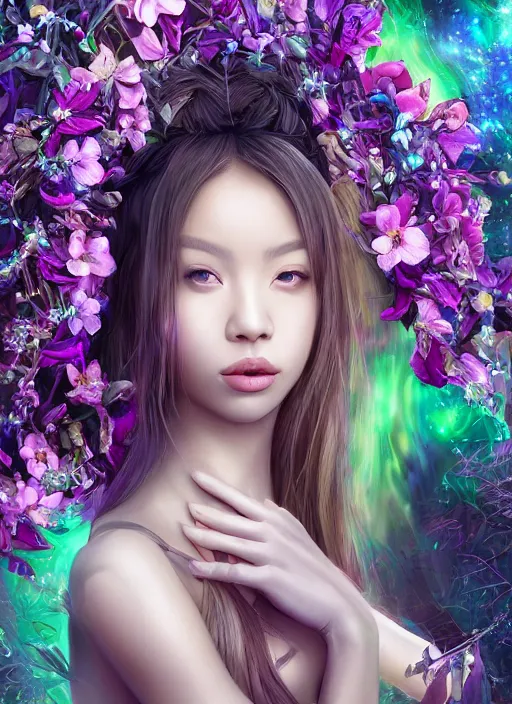 Image similar to portrait of a seductive Lalisa Manobal as a Celestial Goddess of a futuristic pearlescent holographic, captivating look, inside future fighter, sci-fi, fantasy, intricate, lush garden spaceship with sakura season flowers in Kyoto Japan, elegant, human anatomy, royal green and nature light, highly detailed, digital painting, artstation, concept art, smooth, sharp focus, illustration, art by Ryan meinerding, masterpiece, 3d blender