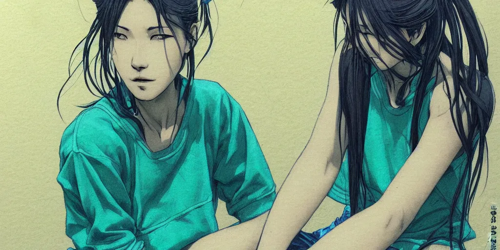 Prompt: concept art, pretty woman sitting on street, braids blue green, alone, junichi higashi, isamu imakake, intricate, balance, ultra detailed, full far frontal portrait,