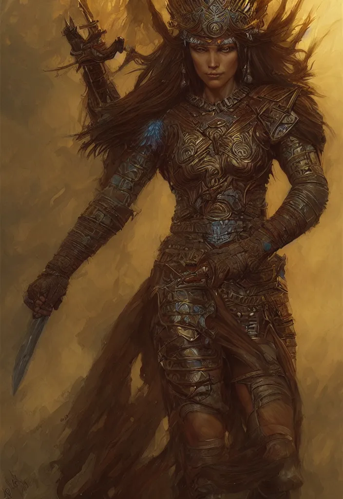 Prompt: a beautiful warrior queen, fantasy, portrait, sharp focus, intricate, elegant, digital painting, artstation, matte, highly detailed, concept art, illustration, ambient lighting, art by donato Giancola