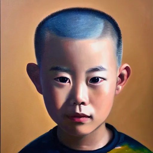 Image similar to dramatic oil painting portrait of chinese boy buzz cut