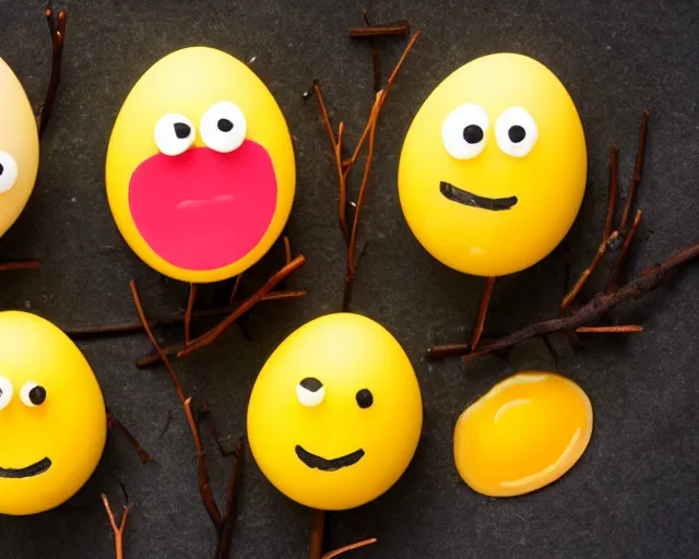 Image similar to eggs with happy faces on them. they have arms and legs made of twigs. yolk is pouring out of their snout. they had a hearty laugh. boogers are coming out of their noise.