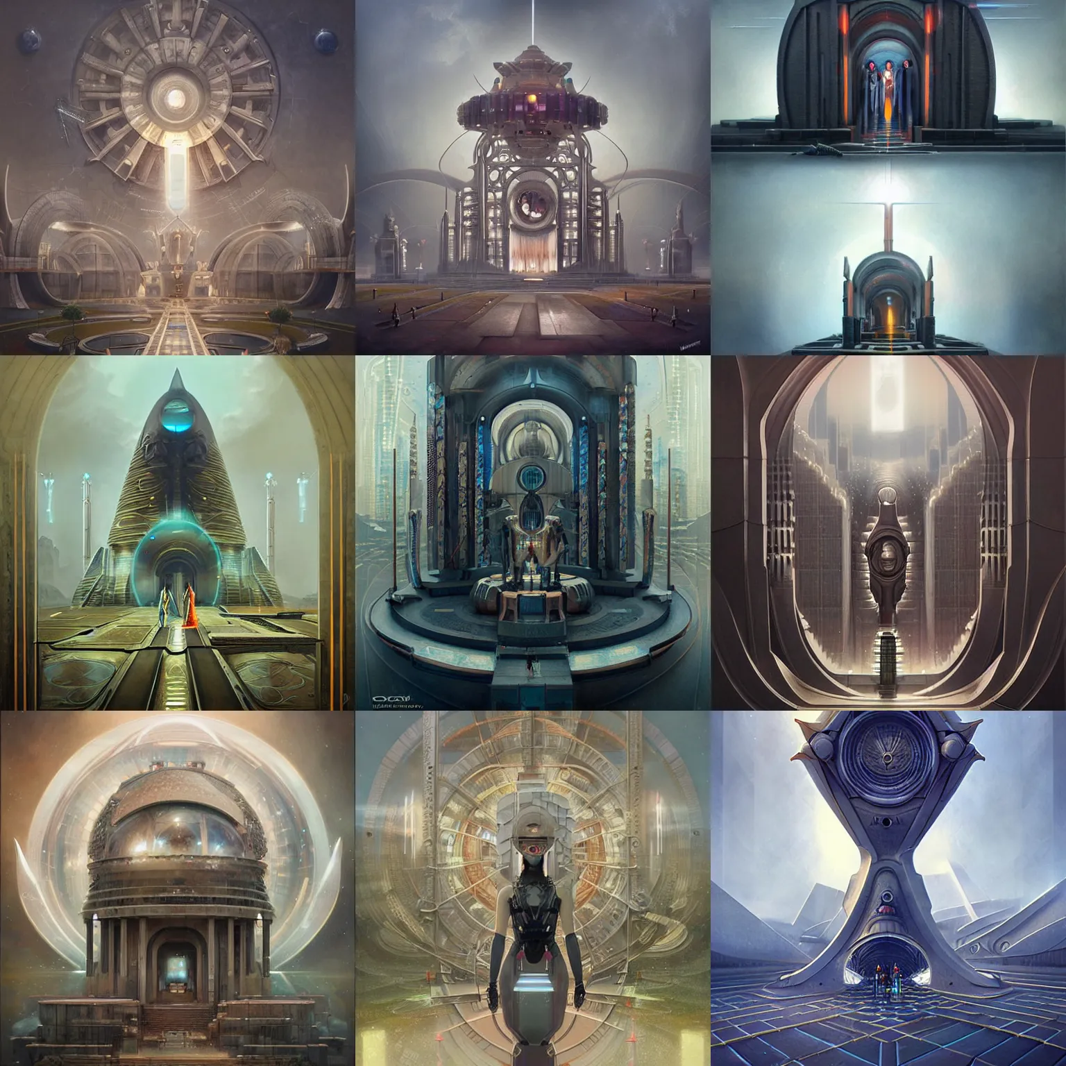 Prompt: futuristic temple, mechanical, symmetric, solarpunk, technological, utopia, art by Tom Bagshaw