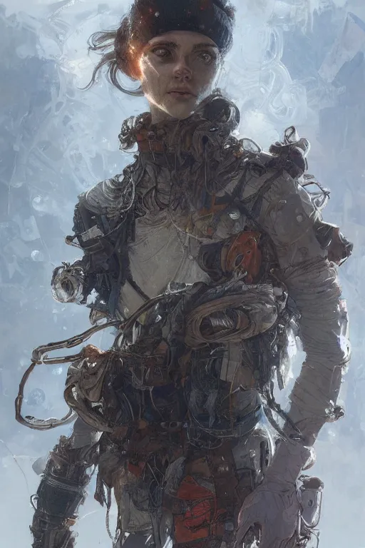 Image similar to A full portrait of a post apocalyptic spiderman ice worker, intricate, elegant, highly detailed, digital painting, artstation, concept art, smooth, sharp focus, illustration, art by Krenz Cushart and Artem Demura and alphonse mucha