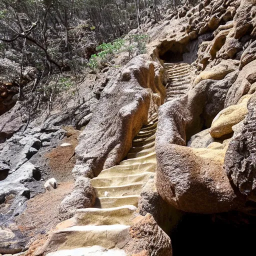 Image similar to The stairway is cut into the rocky sides of the chasm, descending to the bottom. The handholds of the stairway are smooth, and the sandy earth of the pathway is imbued with the scat of a variety of animals. You spot a web-toed humanoid footprint, descending into the cavern.