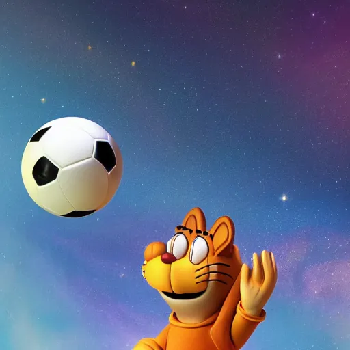 Image similar to garfield play soccer in milky way, 8 k, super detailed