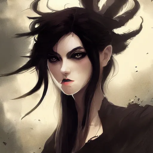 Image similar to female human vampire witch in the style of greg rutkowski, makoto shinkai, trending on artstation, character design, concept art, pretty face, highly detailed, long black hair, portrait, digital art