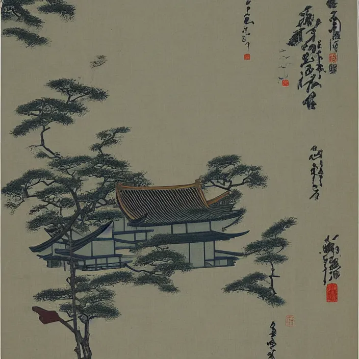 Image similar to a building in a serene landscape, ancient japanese painting