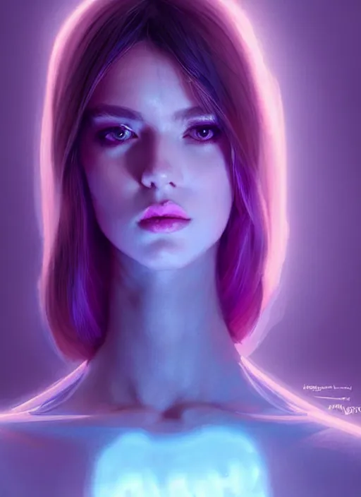 Image similar to portrait of european female humanoid, transparent clothing, elegant, cyber neon lights, highly detailed, digital illustration, trending in artstation, trending in pinterest, glamor pose, concept art, smooth, sharp focus, art by artgerm and greg rutkowski