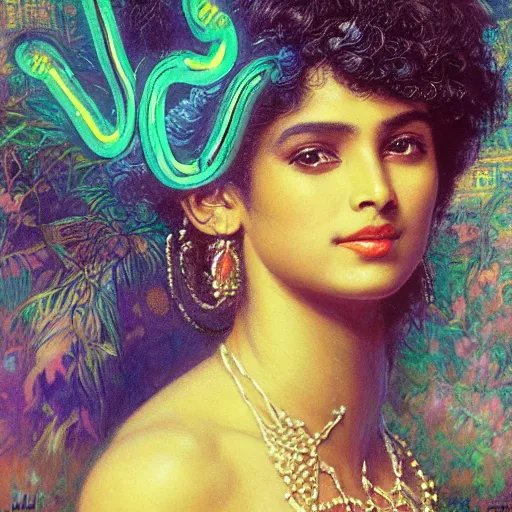 Prompt: 8 0 s srilankan woman with futurestic neon lights painting by gaston bussiere, craig mullins, j. c. leyendecker, lights, art by ernst haeckel, john william godward, hammershøi,,