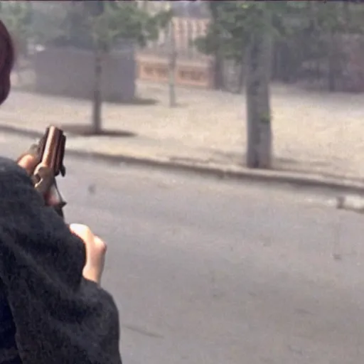 Prompt: A woman in a modern jacket fires a pistol at a man across a street during the French Revolution. Long shot, from the Bourne Identity (2002)