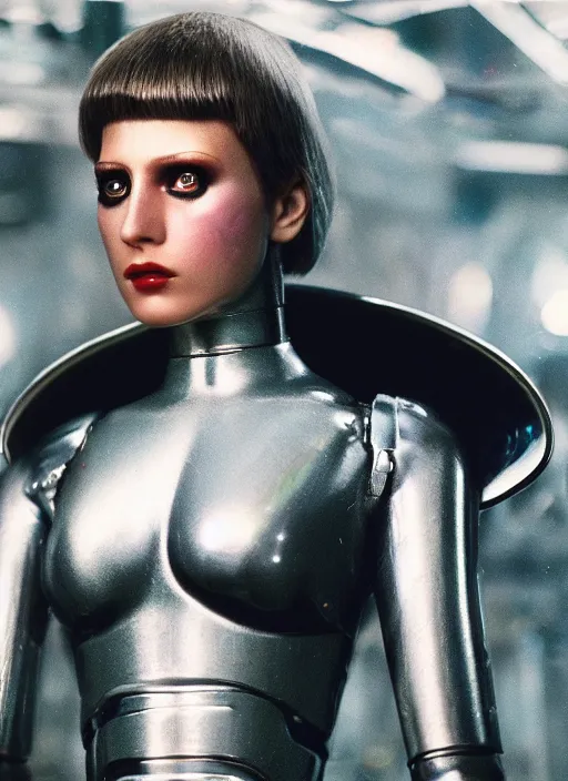 Image similar to hyper realistic and detailed closeup photo of a chrome female android with segmented iridescent scales and inner light in blade runner by annie leibovitz