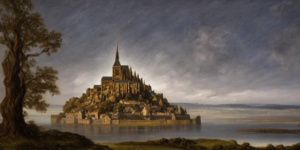 Image similar to masterpiece oil painting portraying mont saint michel in the style of romanticism landscape painters with a tree on the foreground,beautiful!!!!!!!,misty!!!!!!!!!,detailed!!!!!!!,night sky,evocative,reflection in the water,photorealistic,chiaroscuro,soft lighting