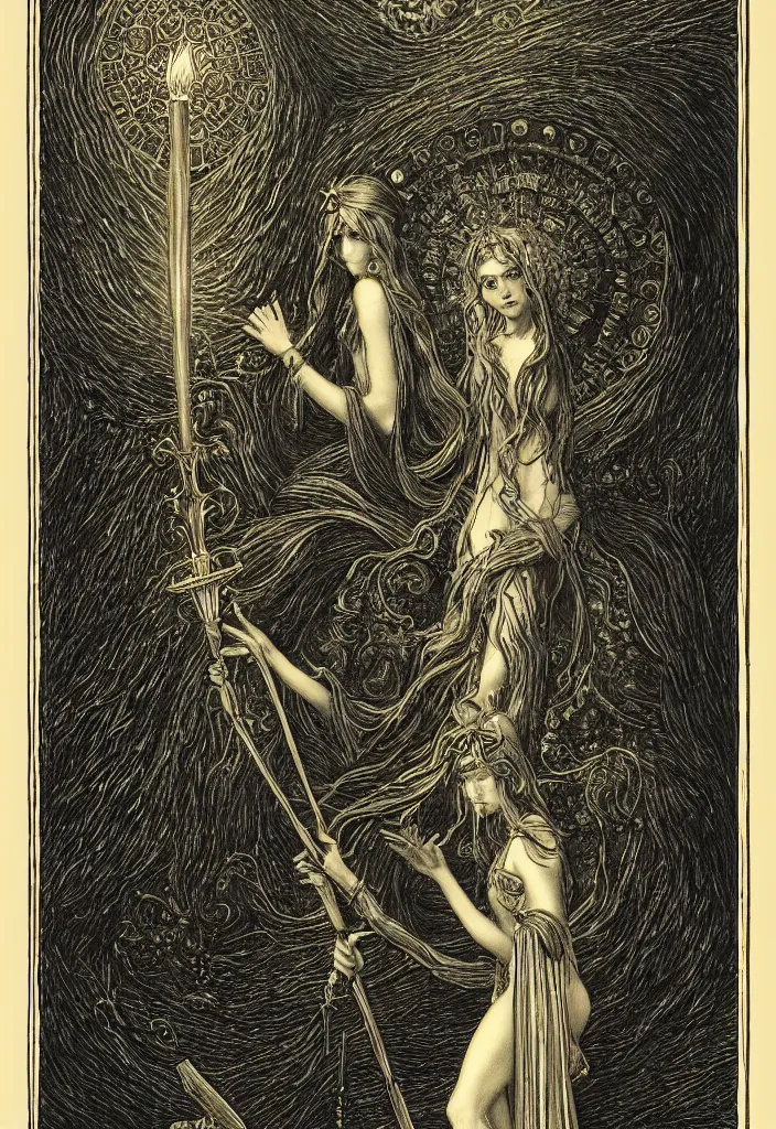 Prompt: tarot card of hecate the gloomy and beautiful goddess of witchcraft, torches, ancient keys, smokes, gustave dore, franklin booth, andrey remnev, trending on artstation, exquisite details, risography print, 4 k, 4 k