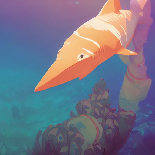 Prompt: half shark half orange and white traffic cone, wide shot, underwater background detailed atmospheric - ron cheng & alphonse mucha, highly detailed, digital painting, ray tracing, concept art, illustration, smooth sharp focus, intricate, symmetry, artstation,