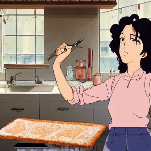 Image similar to portrait of a woman with dark curly hair in a pink shirt and high-rise jeans making sourdough in sunlit kitchen, hyper detailed, by studio ghibli