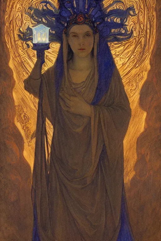 Image similar to queen of the underworld with her lantern, by Annie Swynnerton and Nicholas Roerich and jean delville, dramatic cinematic lighting , ornate headdress , flowing robes, sacred artifacts, lost civilizations, smooth, sharp focus, extremely detailed