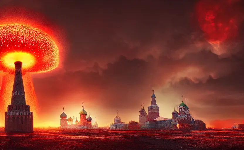 Prompt: nuclear explosion with realistic nuclear mushroom in Red Square Kremlin, cinematic shot, extremely high detail, photo realistic, cinematic lighting, post processed, artstation, matte painting, digital painting