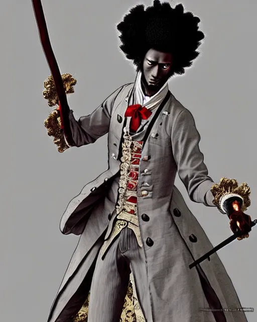 Image similar to afro samurai anime character wearing a beautiful 1 8 th century suit with a tie, rococo style, francois boucher style, highly detailed, very realistic, painterly style