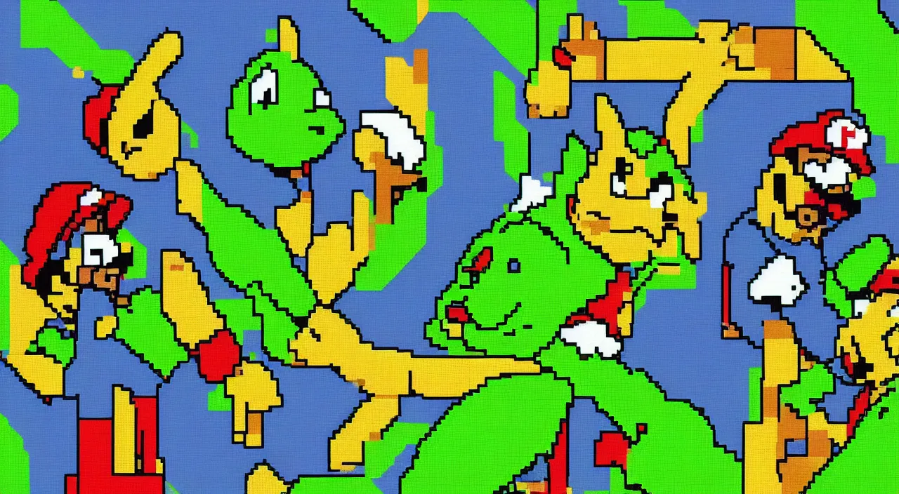 Image similar to pixel art, dithered professional artwork, fanart mashup, Pikachu and Mario and Shrek, Mario and Pikachu are staring confused at Shrek, High Resolution Pixel Artwork, trending, very very cute and detailed