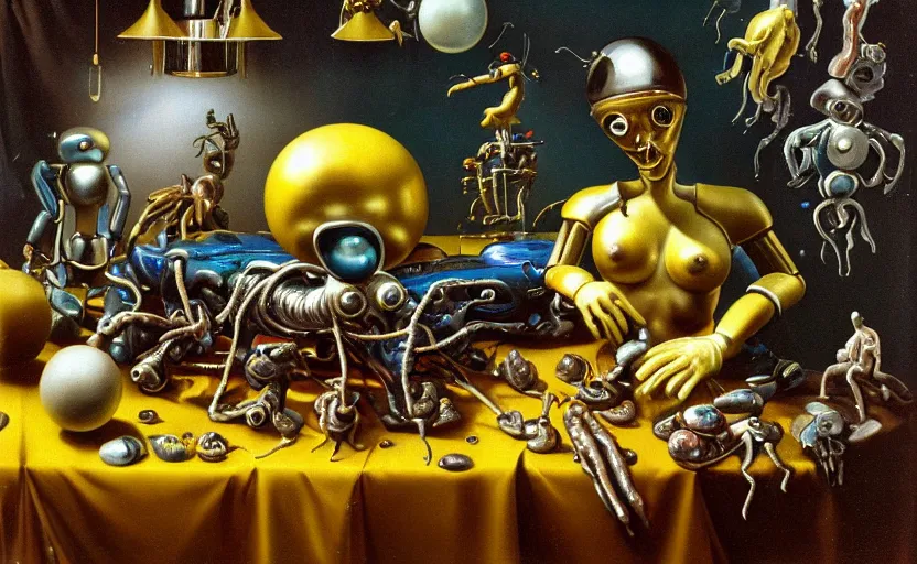 Image similar to strange seductive futuristic robot body, enticing colorful oil painting dutch golden age vanitas still life sparse composition with bulbous objects strange gooey transparent surfaces shiny metal reflections bizarre mutant meat insects rachel ruysch dali todd schorr very detailed perfect composition rule of thirds masterpiece canon 5 0 mm, cinematic lighting, photography, retro, film, kodachrome