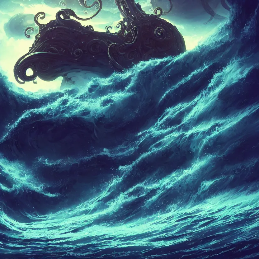 Image similar to treasure planet, kraken monster in a stormy sea with huge waves, huge tentacles, clouds, stars, rings, beautiful lighting, vivid colors, intricate, elegant, smooth, concept art, cinematic, unreal engine, wallpaper, by syd mead, terada katsuya, atey ghailan, svetlin velinov, makoto shinkai art style