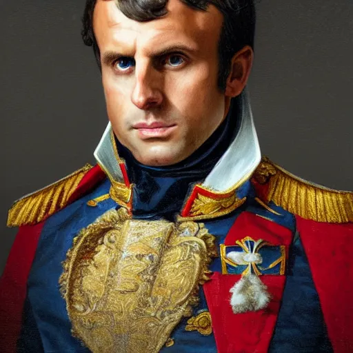 Image similar to Portrait of Emmanuel Macron as emperor napoleon, amazing splashscreen artwork, splash art, head slightly tilted, natural light, elegant, intricate, fantasy, atmospheric lighting, cinematic, matte painting, by Greg rutkowski