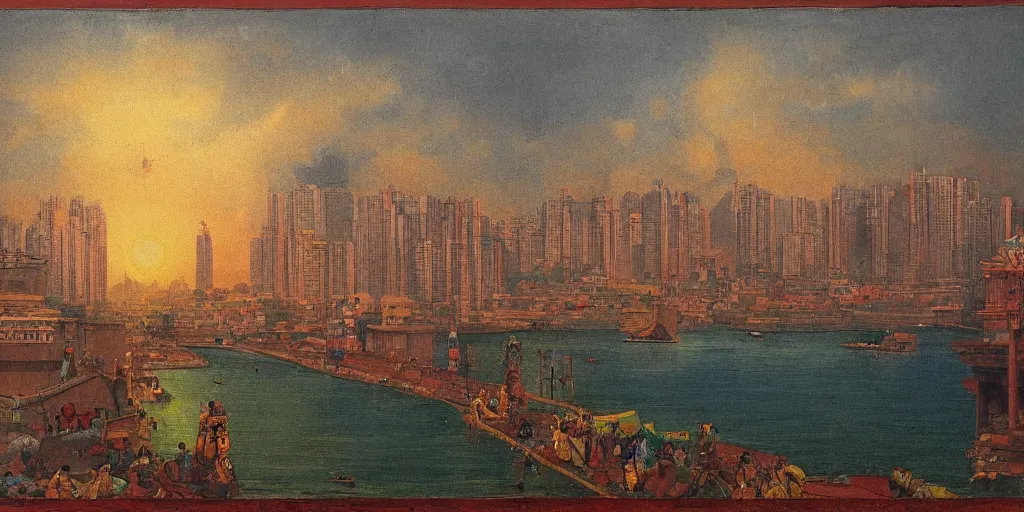 Image similar to mumbai skyline in the style of raja ravi varma, high detail, realism, national gallery of delhi