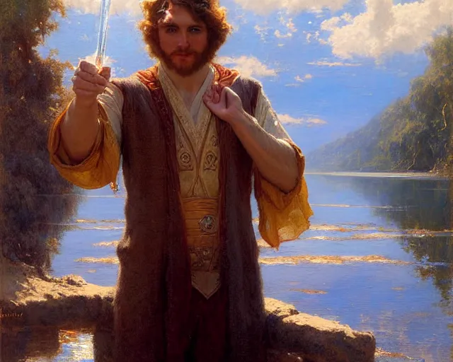 Image similar to attractive male wizard casting powerful water spell in a beautiful lake. highly detailed painting by gaston bussiere, craig mullins, j. c. leyendecker 8 k