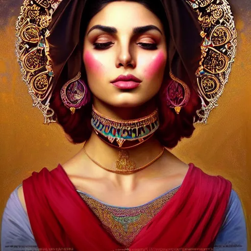 Prompt: Beautiful portrait of a Persian Princess who is an architect, beautiful princess, face painting, architecture, persian style architecture, dramatic lighting, intricate, wild, highly detailed, digital painting, artstation, concept art, smooth, sharp focus, illustration, black+velvet+red+Turquoise, dark, art by artgerm and greg rutkowski and alphonse mucha, footage from space camera