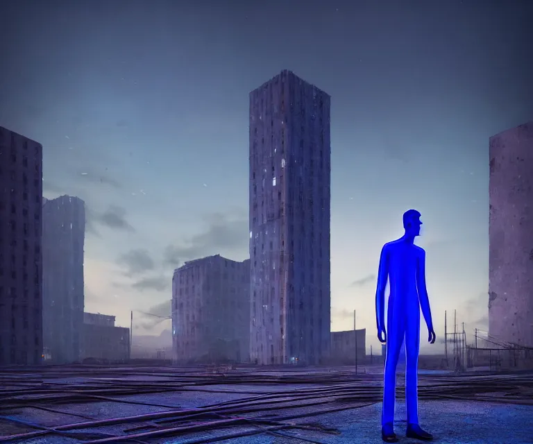 Image similar to tall man consisting of blue translucent shiny material and many sparse steel stripes, standing in huge ruins in the evening. extremely high details, solo, masterpiece, photorealistic, hyperrealism, cinematic, fantasy, octane render, volumetric lighting, depth of field, bokeh, cgsociety by vincent desiderio, shaun downey, daniel e. greene, ed binkley