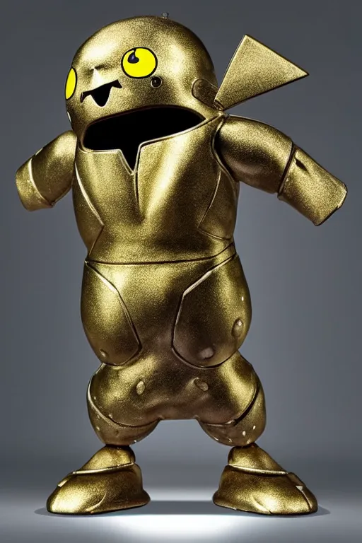 Image similar to pikachu terminator metal golem, intricate details. front on, symmetrical. industrial design. good design award, innovative product concepts, most respected design